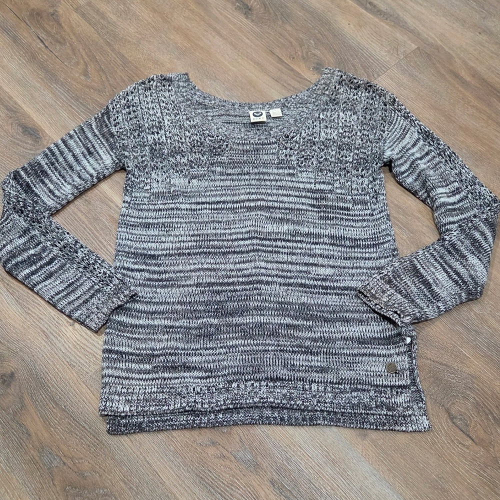 Roxy Womens Space Dye Knit Sweater Gray Black White Scoop Neck Size Medium